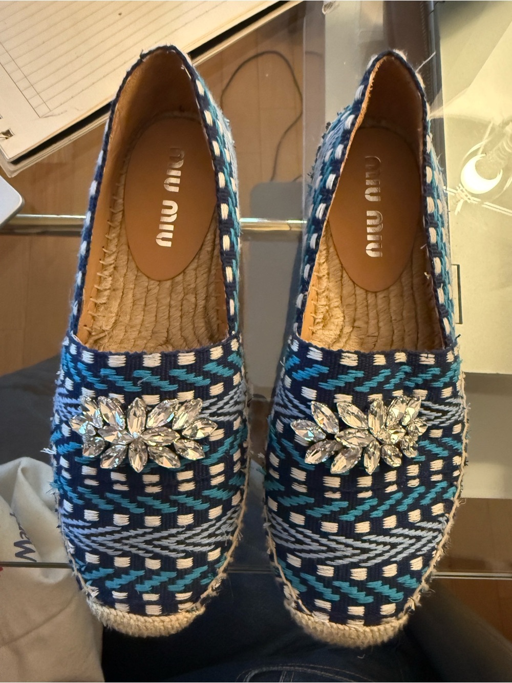 Miu Miu Blue Patterned Jeweled Espadrilles New w/box Size 36